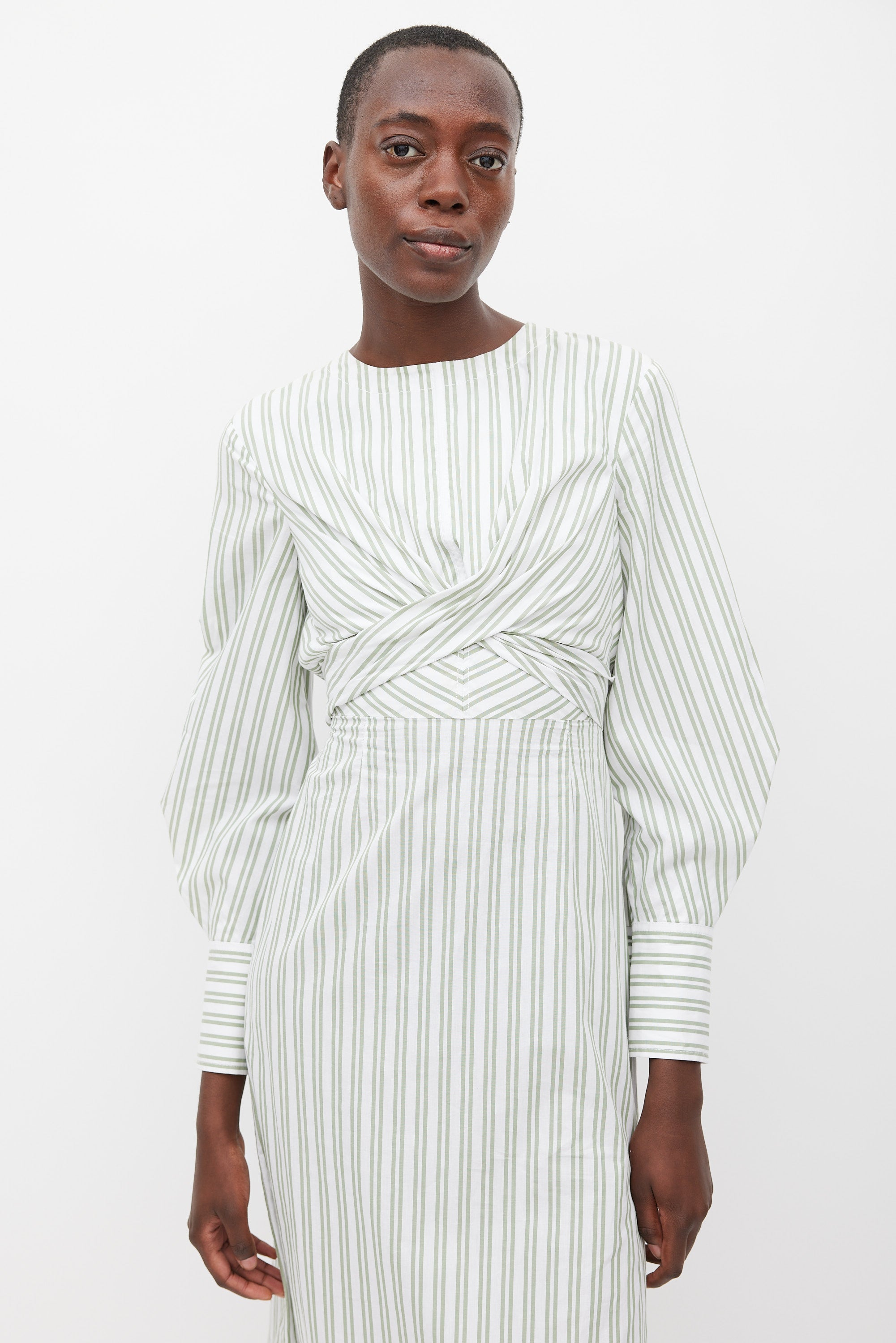 Staud // White & Green Striped Back Cutout Dress VSP Consignment Staud // White & Green Striped Back Cutout Dress VSP Consignment