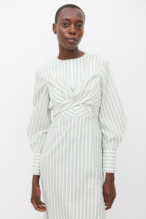 Staud White & Green Striped Back Cutout Dress