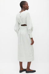Staud White & Green Striped Back Cutout Dress
