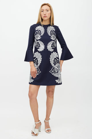 Stella McCartney Navy & White Wool Floral Embroidered Dress