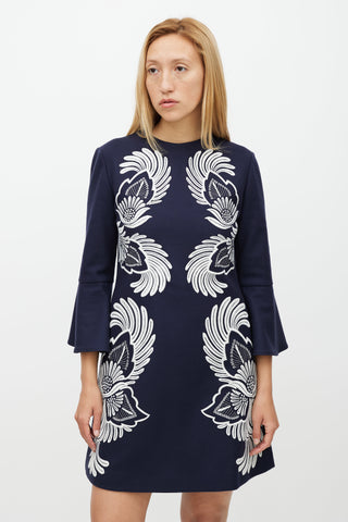 Stella McCartney Navy & White Wool Floral Embroidered Dress