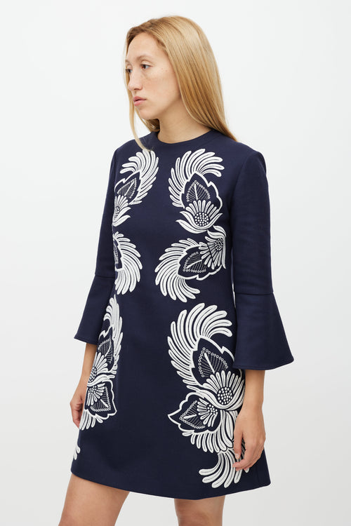 Stella McCartney Navy & White Wool Floral Embroidered Dress