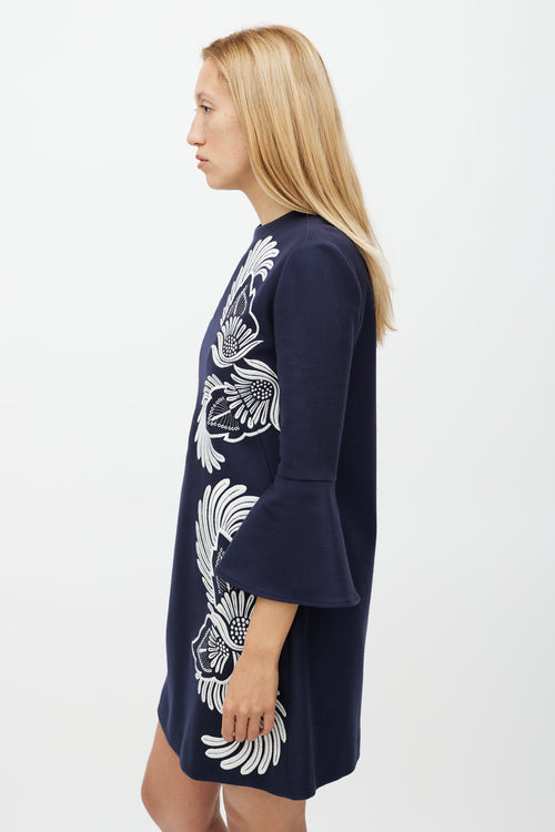 Stella McCartney Navy & White Wool Floral Embroidered Dress