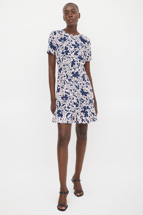 Stella McCartney Pink & Navy Silk Floral Flounce Hem Dress