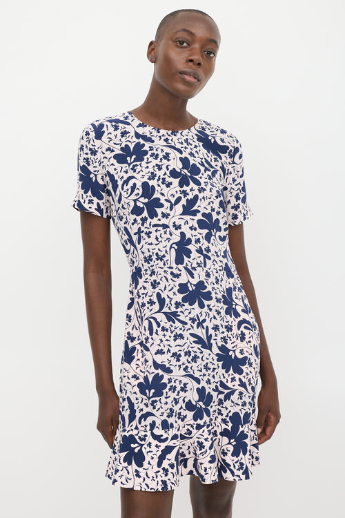 Stella McCartney Pink & Navy Silk Floral Flounce Hem Dress