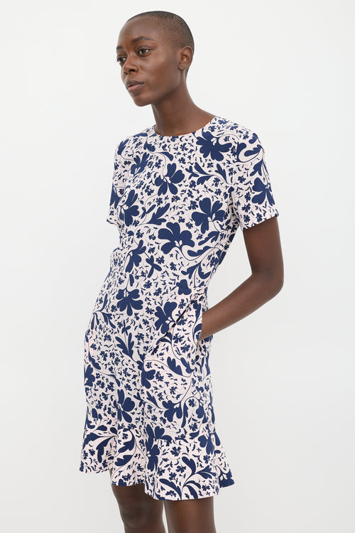 Stella McCartney Pink & Navy Silk Floral Flounce Hem Dress