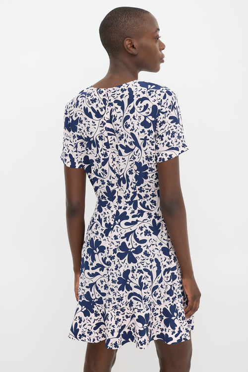 Stella McCartney Pink & Navy Silk Floral Flounce Hem Dress