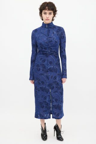 Stine Goya Blue Metallic Fine Line Poppies Dress