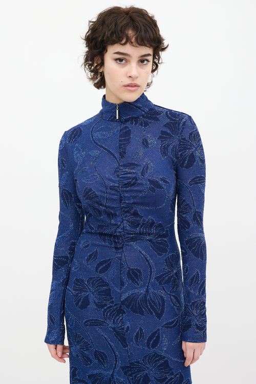 Stine Goya Blue Metallic Fine Line Poppies Dress