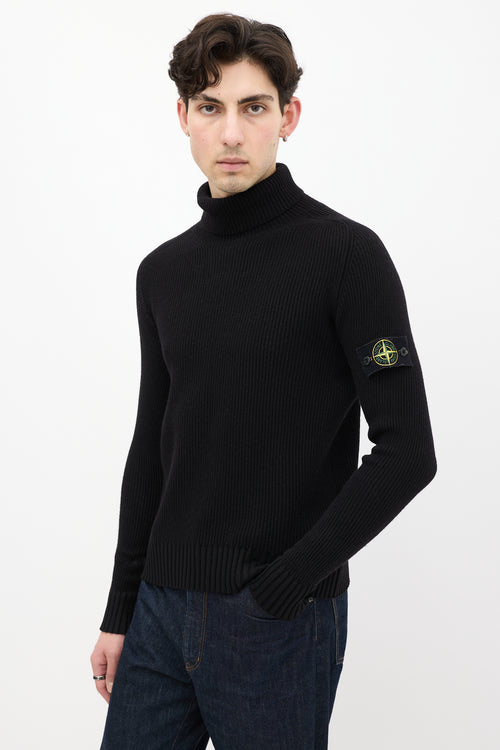 Stone Island Black Wool Ribbed Turtleneck