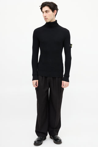 Stone Island Black Ribbed Knit Patch Turtleneck Top