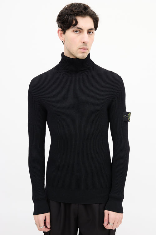 Stone Island Black Ribbed Knit Patch Turtleneck Top