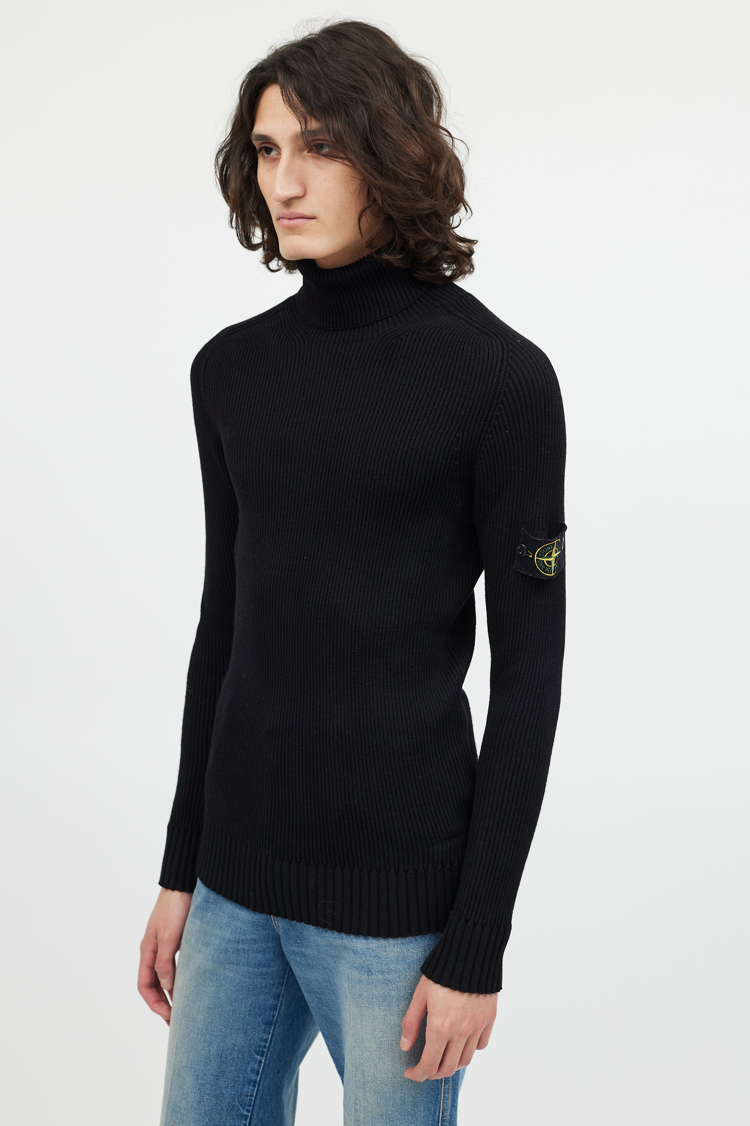 Stone Island // Black Ribbed Wool Turtleneck Patch Sweater – VSP 