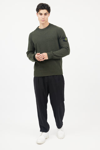 Stone Island Green Wool Knit Logo Sleeve Sweater