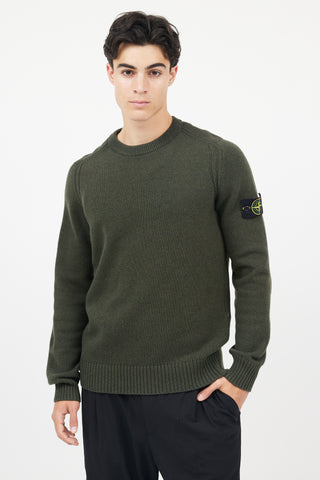 Stone Island Green Wool Knit Logo Sleeve Sweater