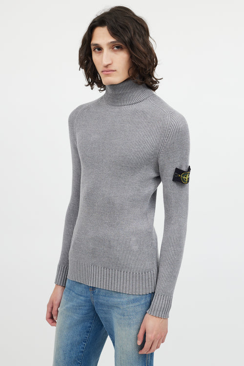 Stone Island Grey Ribbed Wool Turtleneck Patch Sweater