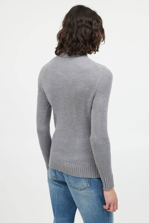 Stone Island Grey Ribbed Wool Turtleneck Patch Sweater