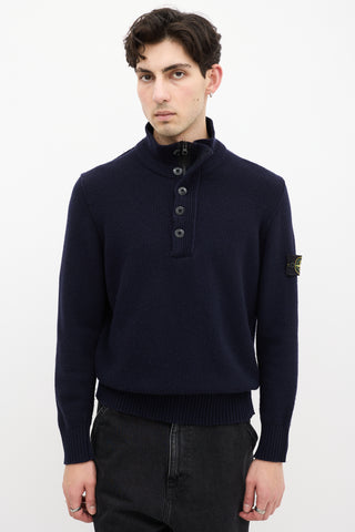 Stone Island Navy Wool Knit Quarter Zip Sweater