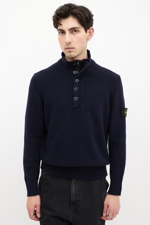 Stone Island Navy Wool Knit Quarter Zip Sweater