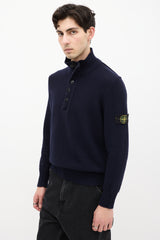 Stone Island Navy Wool Knit Quarter Zip Sweater