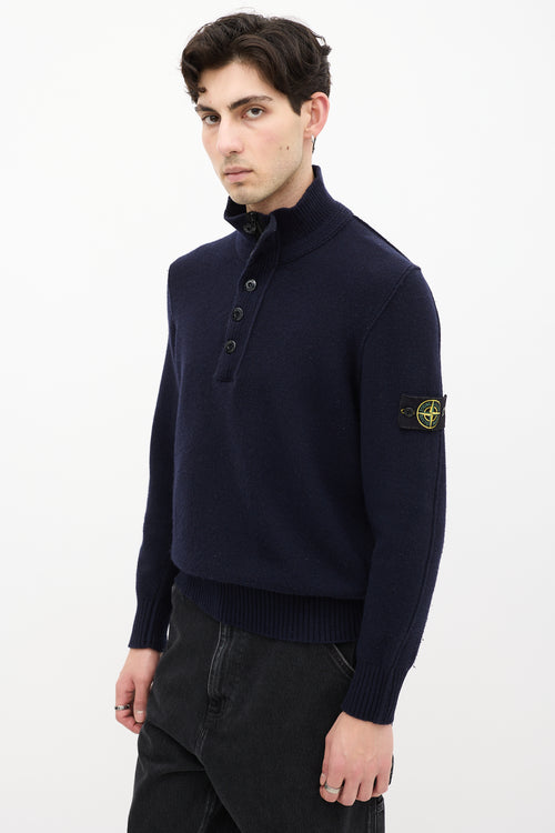 Stone Island Navy Wool Knit Quarter Zip Sweater