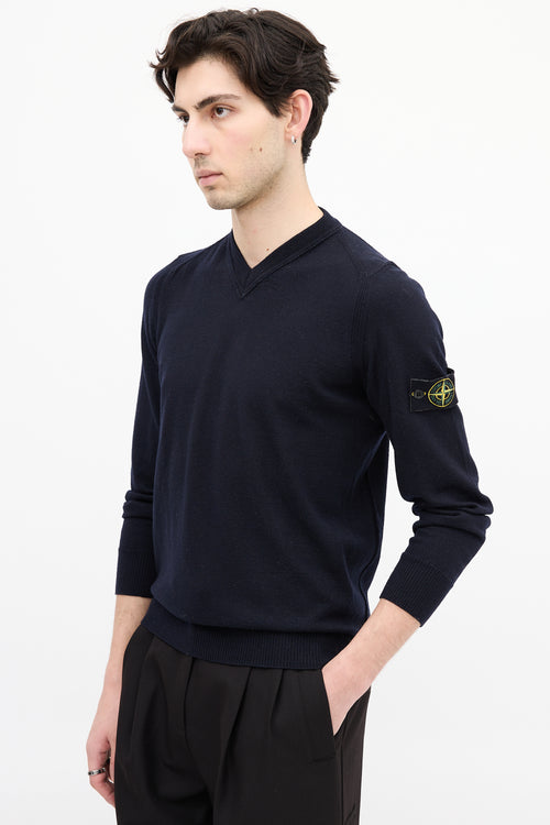 Stone Island Navy Wool Patch V-Neck Sweater