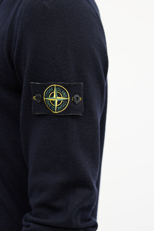 Stone Island Navy Wool Patch V-Neck Sweater