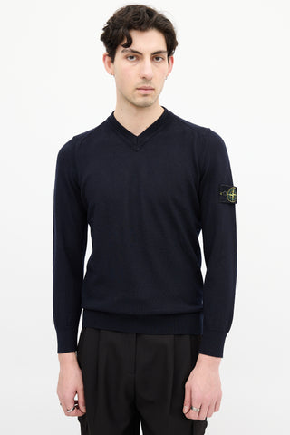 Stone Island Navy Wool Patch V-Neck Sweater