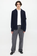 Stone Island Navy Wool Knit Zip Up Hoodie
