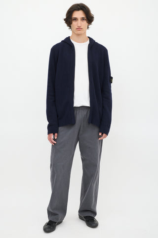 Stone Island Navy Wool Knit Zip Up Hoodie