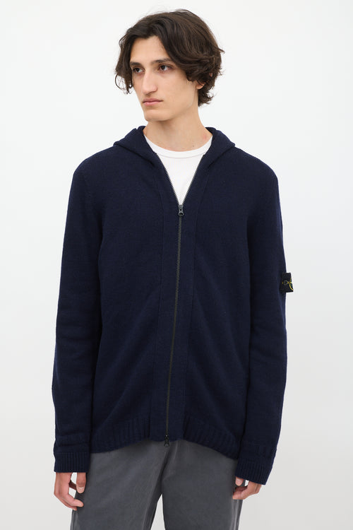 Stone Island Navy Wool Knit Zip Up Hoodie