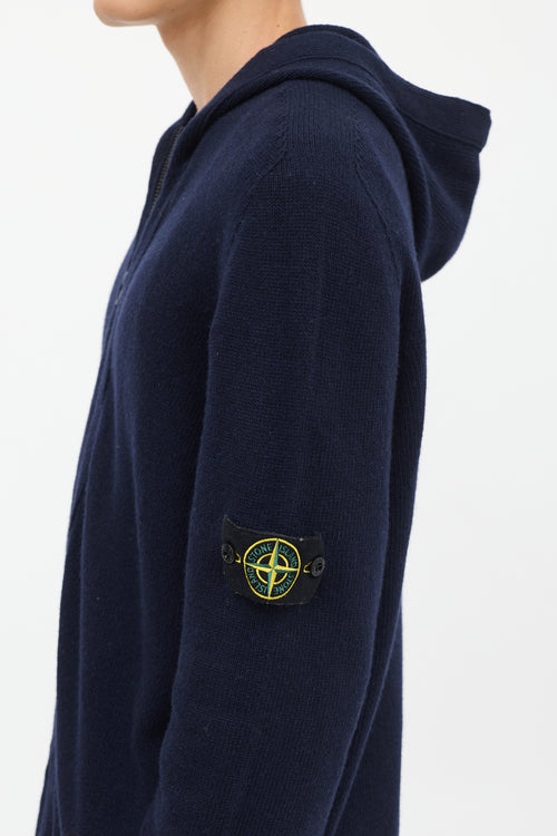 Stone Island Navy Wool Knit Zip Up Hoodie