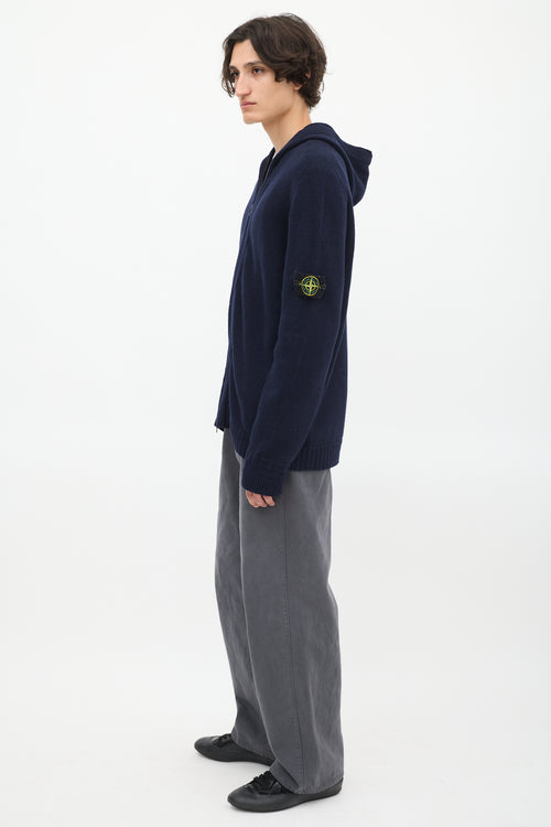 Stone Island Navy Wool Knit Zip Up Hoodie