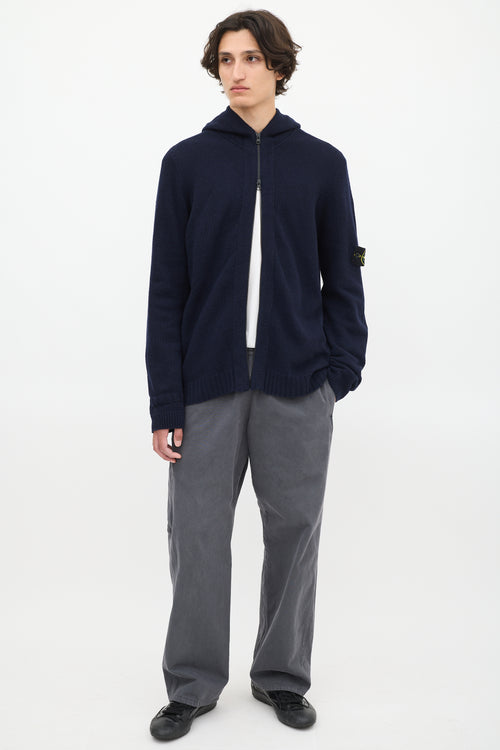 Stone Island Navy Wool Knit Zip Up Hoodie