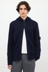 Stone Island Navy Wool Knit Zip Up Hoodie