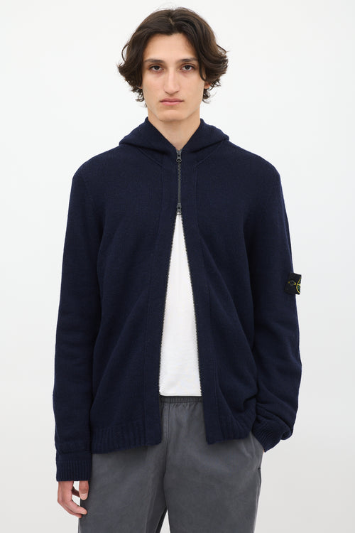 Stone Island Navy Wool Knit Zip Up Hoodie