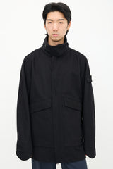Stone Island Black Wool Stand Collar Coat