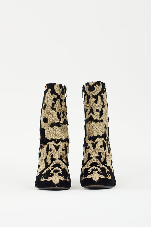 Strategia Black Sherpa & Gold Floral Heeled Boot