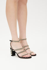 Stuart Weitzman Black & Gold Suede Pearl Sandal