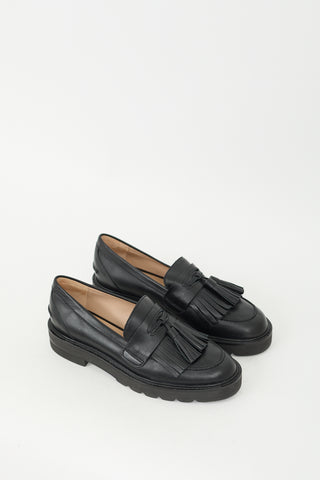 Stuart Weitzman Black Leather Mila Tassle Fringe Loafer