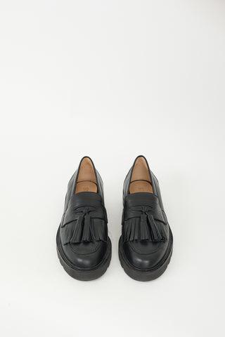 Stuart Weitzman Black Leather Mila Tassle Fringe Loafer