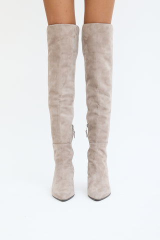 Stuart Weitzman Grey Suede Thigh High Block Heel Boot