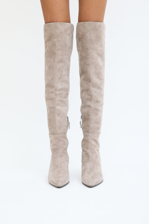 Stuart Weitzman Grey Suede Thigh High Block Heel Boot