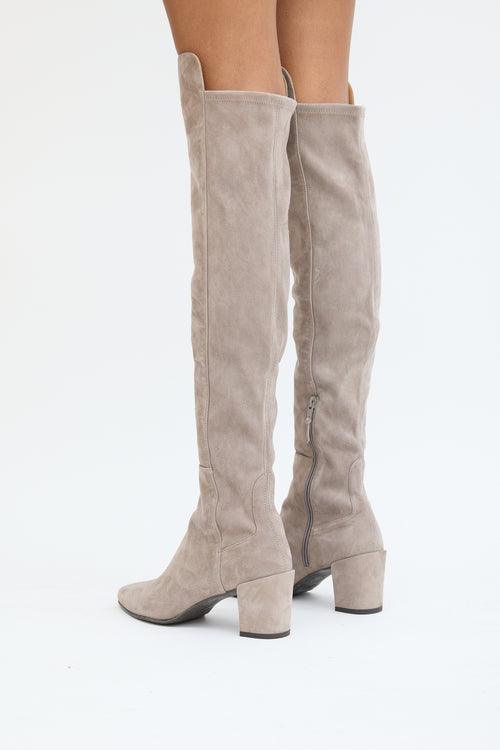 Stuart Weitzman Grey Suede Thigh High Block Heel Boot