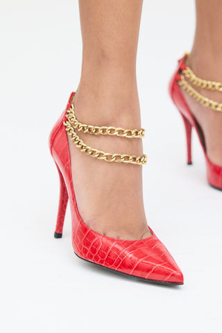 Stuart Weitzman Red Embossed Leather Gold Chain Heel