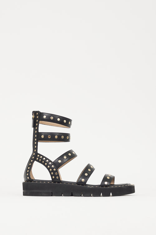 Stuart Weitzman Black & Gold Studded Gala Lift Sandal