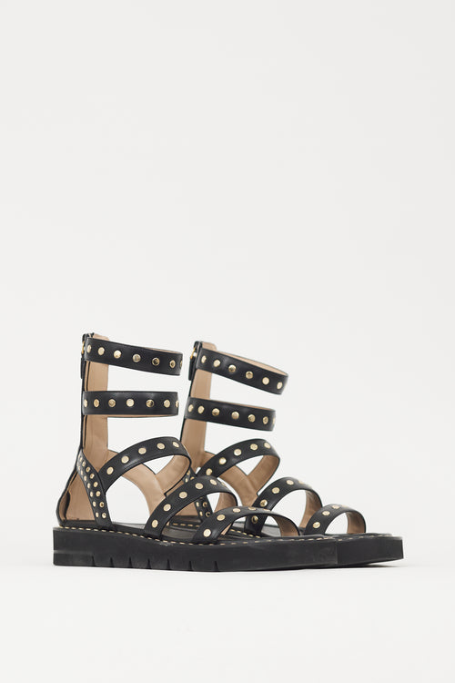 Stuart Weitzman Black & Gold Studded Gala Lift Sandal