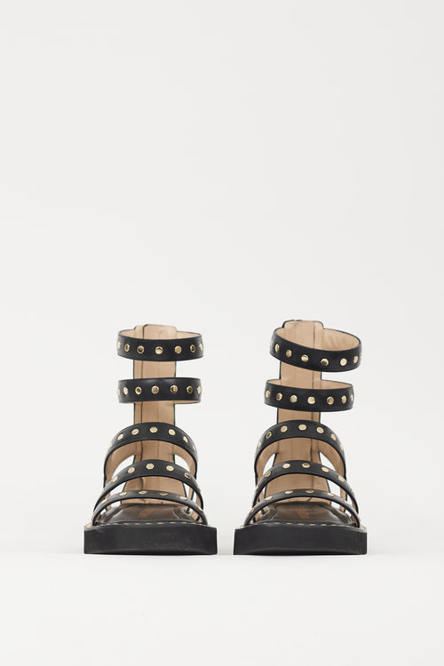 Stuart Weitzman Black & Gold Studded Gala Lift Sandal