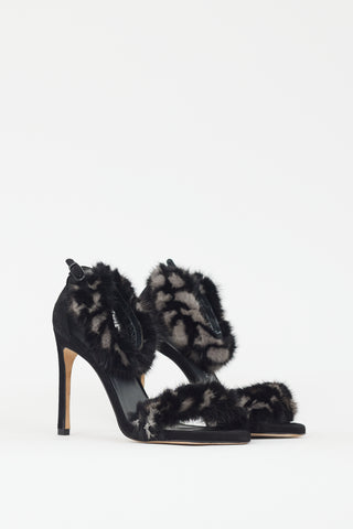 Stuart Weitzman Black & Grey Fur Strap Heel