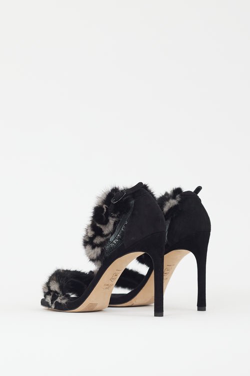 Stuart Weitzman Black & Grey Fur Strap Heel